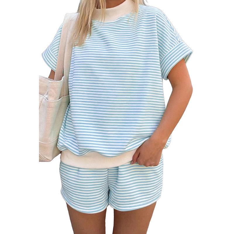 

2026 Summer Women s Striped Color Block Casual Suit: Two-Piece Set with Pockets L