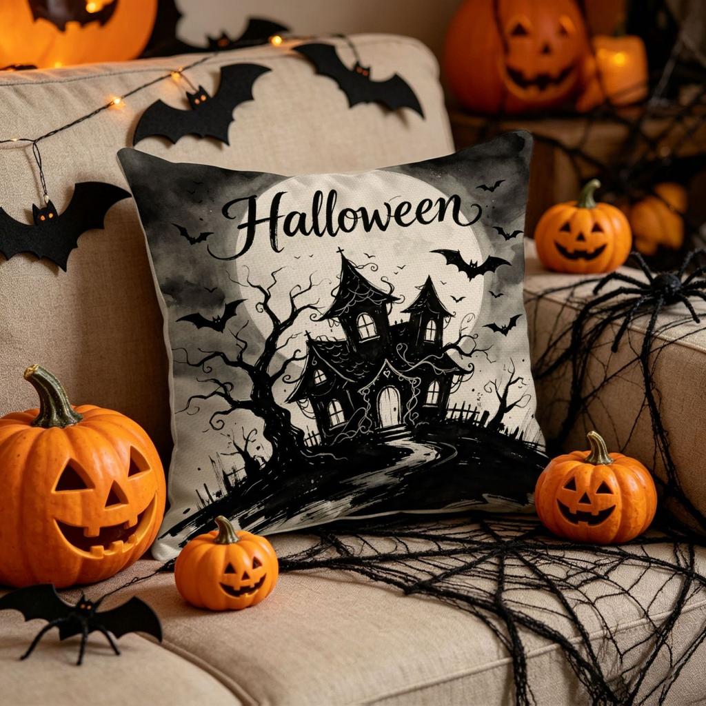 Halloween Spooky Linen Pillow Cover 1pc Indoor Decorative Sofa Cushion Cover with Pumpkin and Cat Design for Home Decoration