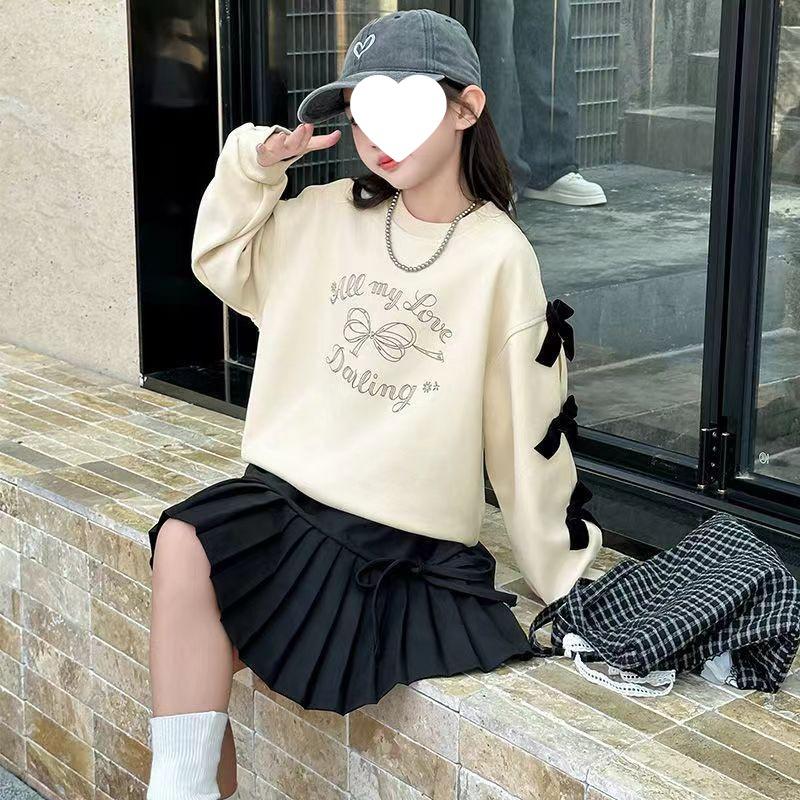 Girls' Bow Sweatshirt - 2025 Autumn, Chic Loose Fit, Korean Style Long Sleeve Top for Spring/Fall.