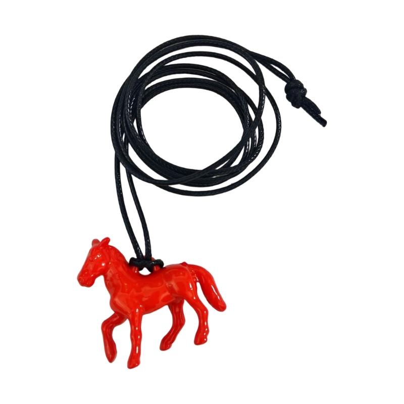 Versatile Long Pendant Necklace Featuring Horse Design In Vibrant Acrylic On Soft Leather Rope for Various Outfits