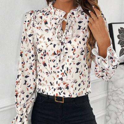Women Spring Autumn Long Sleeve Ruffles Stand Collar Printed Shirt Blouse Top