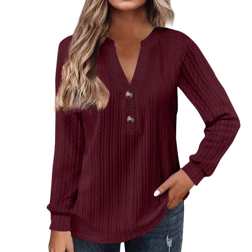 European & American Autumn/Winter Women's Long-Sleeve V-Neck Button T-Shirt 2024