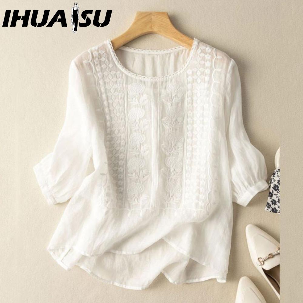 

IHUASU Женская мода Повседневные однотонные блузки и рубашки с принтом рукава 3/4 и круглым вырезом XXXL белый