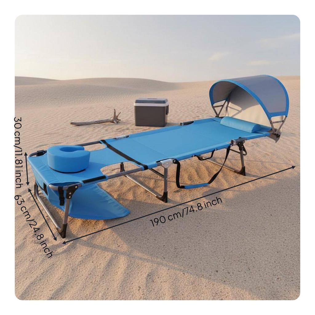 Folding Beach Lounger with Canopy Foldable Face Down Tanning Cot Ergonomic