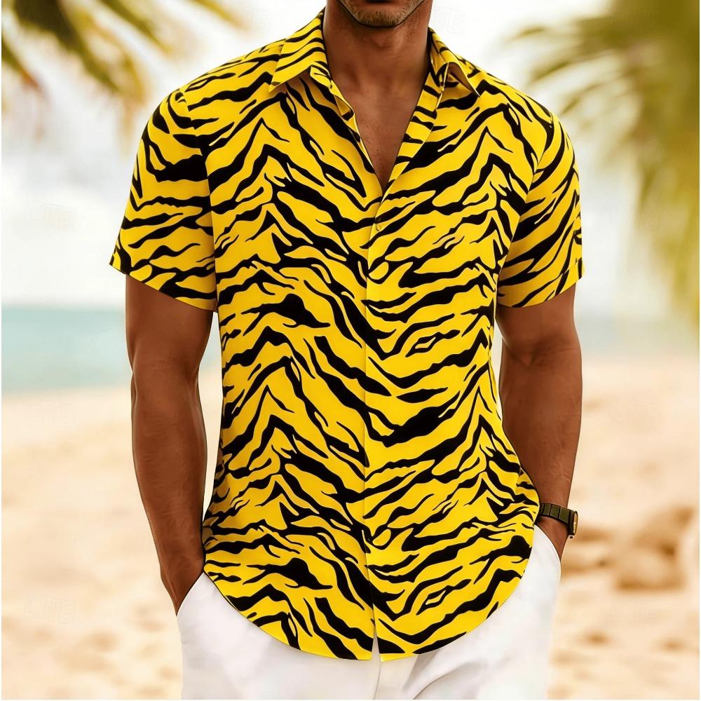 Men's Tiger Stripe Retro Style Short Sleeve Shirt, Spring Summer Edgy Casual Vacation Blouse, Loose Casual Top