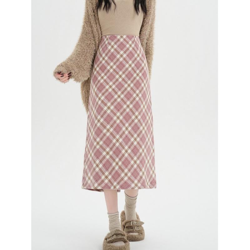Pink Plaid Wool-Blend A-Line Hip-Hugging Skirt - Korean Style for Autumn/Winter S розовый