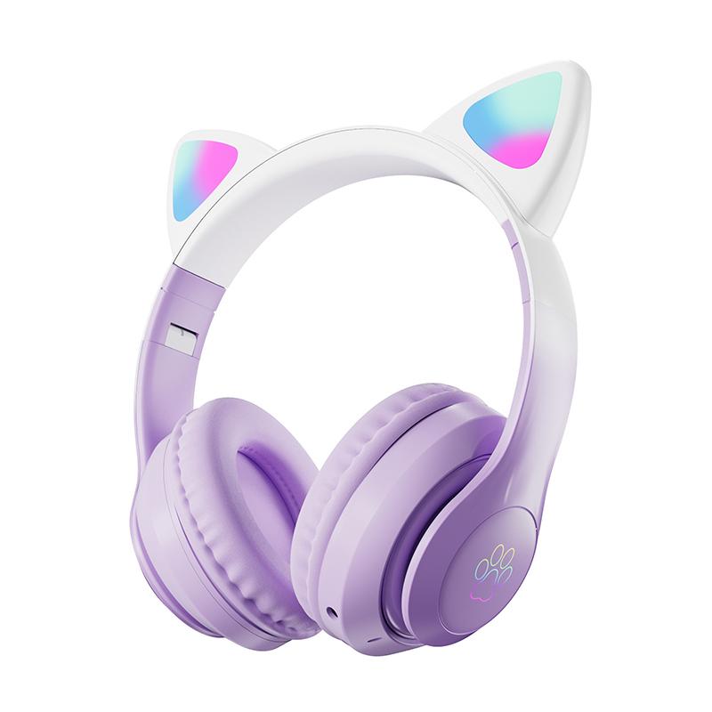 Cat Bluetooth Headphone Wireless Gradient Color Led Light With Mic Kids Girls Stereo Phone Music Headset Gamer Gift