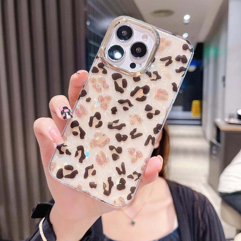 Luxury Rainbow Shell Glitter Phone Case For iPhone 11 12 13 14 15 Pro Max XS X XR 7 8 Plus SE Leopard Print Shockproof Cover