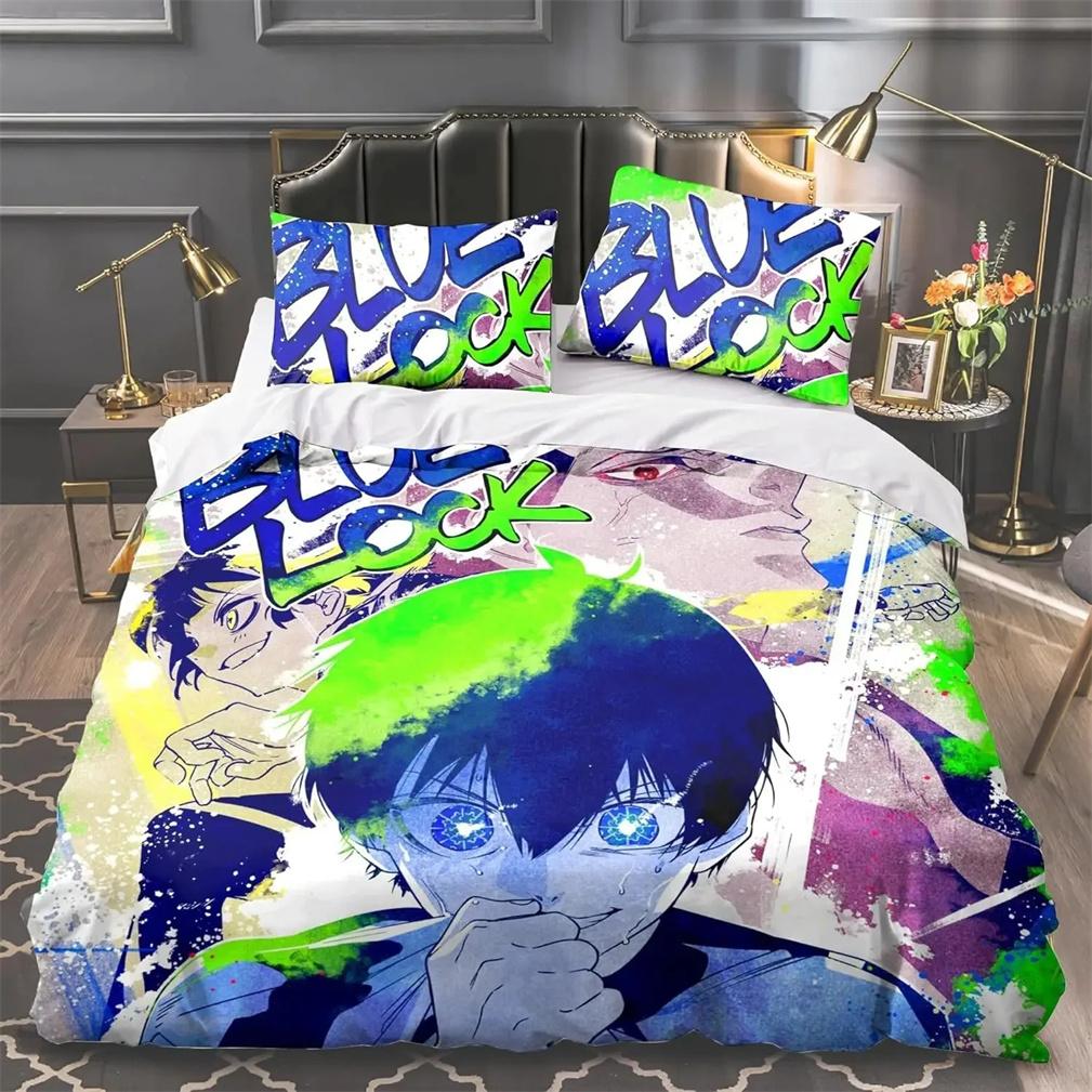 3D Print Blue Anime Boy Lock Bedsing Set,Yoichi/Bachira Meguru/Chigiri Hyoma/Kunjin Kensuke Duvet Cover Set Pillowcase For Boys