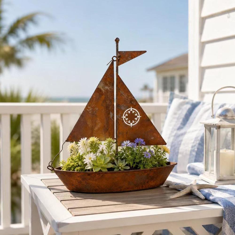 Rustic Sailboat Metal Planter,Metal Sailboat Garden Stake, Rustic Iron Yard Art, Vintage Nautical Theme Ideal for Garden, Patio, Outdoor Home Decor