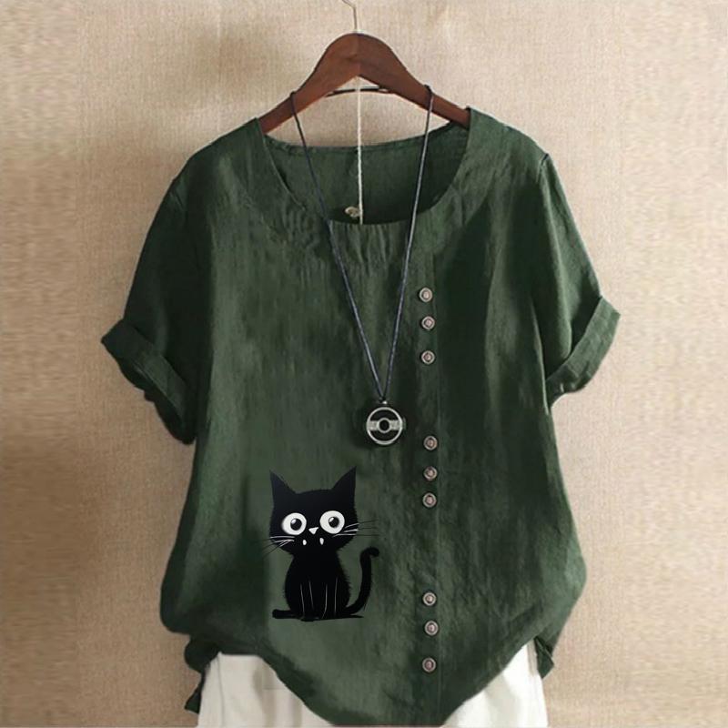 Women's Fashion Cat Prined Short Sleeve T-shirt Loose Cotton Shirt Casual Loose Summer Blouse Plus Size Tops