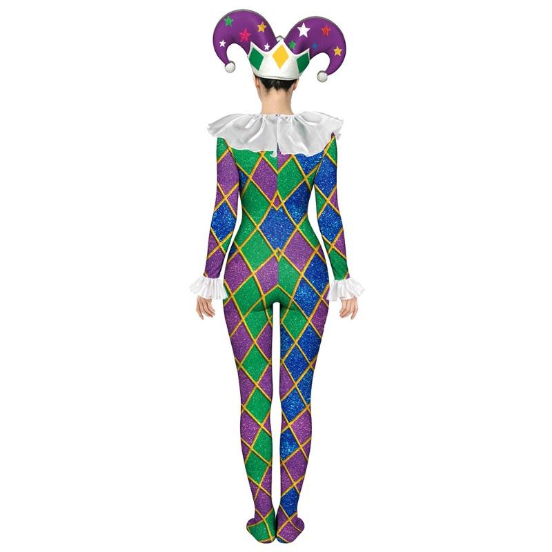 Harlekin Spaßmacher Clown Bodysuit, 3D Diamantdruck Jumpsuit, Halloween Karneval Cosplay Party Kostüm für Damen