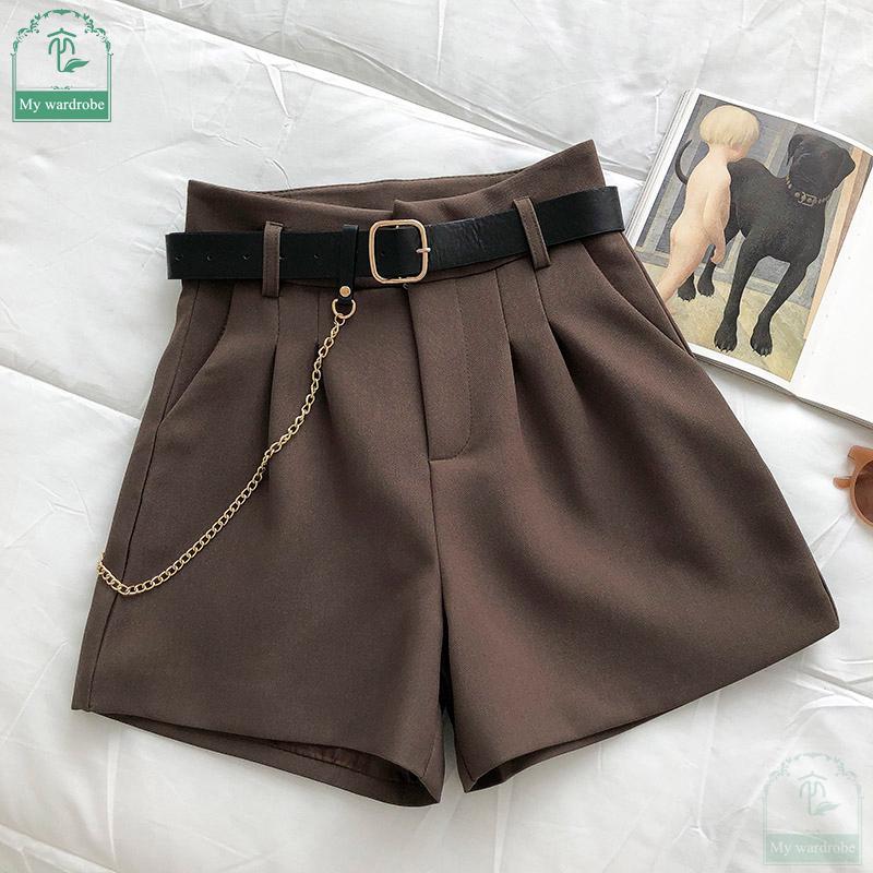 Casual Comfortable Elegant  Shorts With Belt Women's Slim Wide Leg A-line Shorts