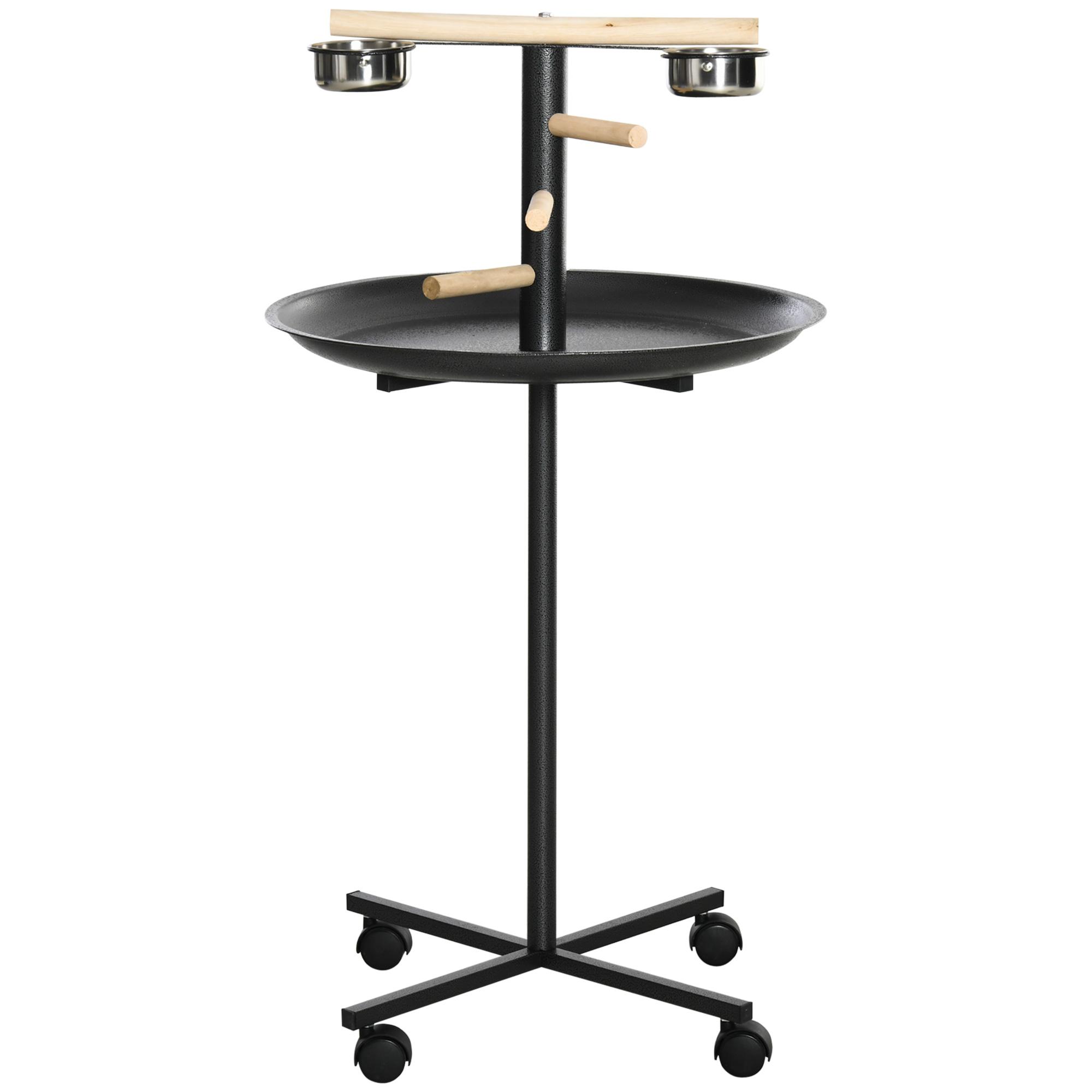 Perchoir Support Perroquet Grand Support de Jeu pour Oiseaux Table d'Oiseaux Station d'Alimentation Avec Bols en Acier Inoxydable Quatre Roues Plateau Rond Noir