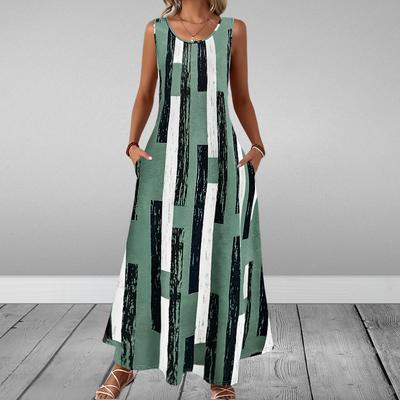 Damenmode Sommer Frühling Farbblockdruck Ärmellos O-Ausschnitt Lose Taille Freizeitkleider