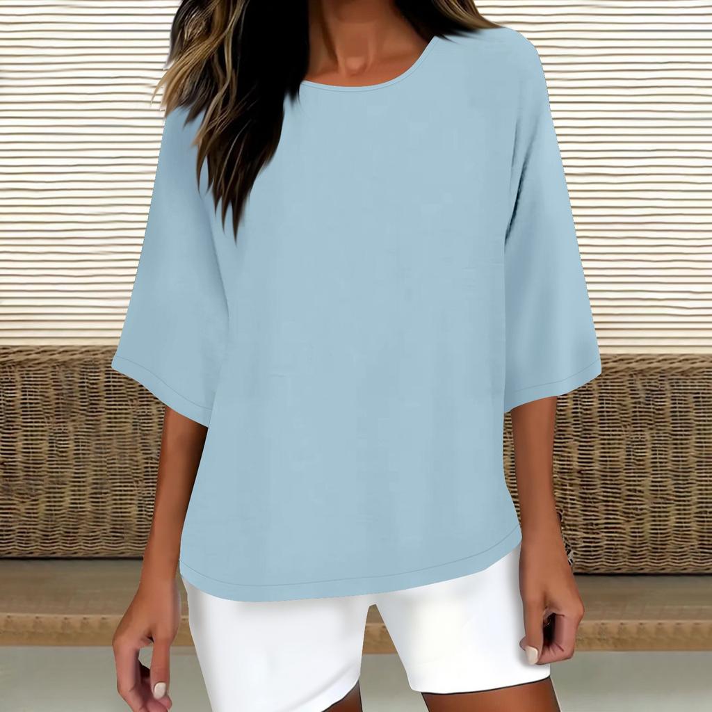 Women's Fashion Solid Color Casual T-Shirt Seven Sleeve Round Neck Cotton Top