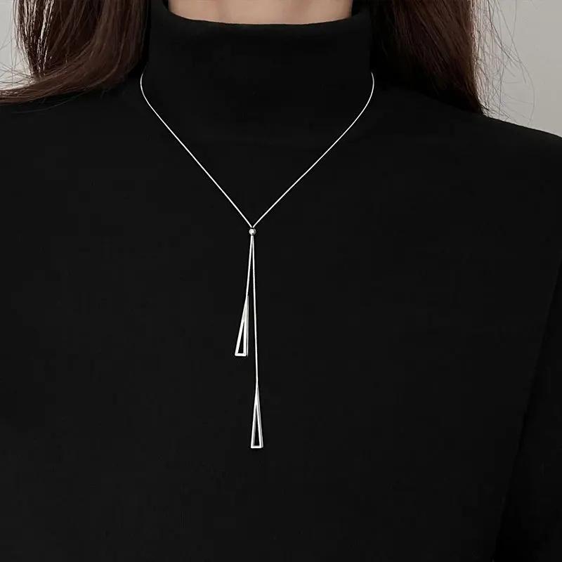

Simple Geometric Metal Long Tassel Sweater Chain Necklace For Women Men Trendy Triangle Sliver Winter Coat Metal Chain Necklaces