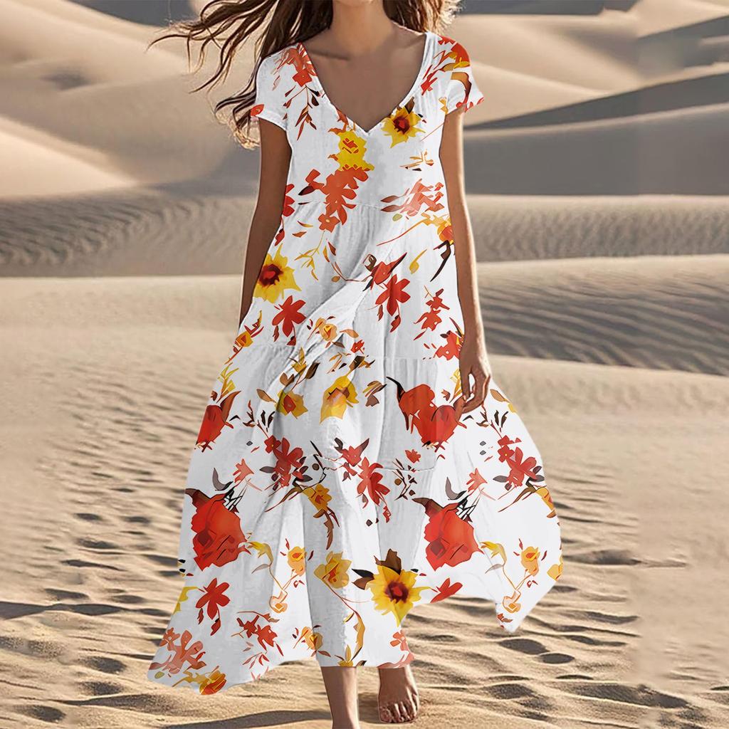 Damen Sommer Mode V-Ausschnitt Strand Lang Kurzarm Kleider mit Blumendruck