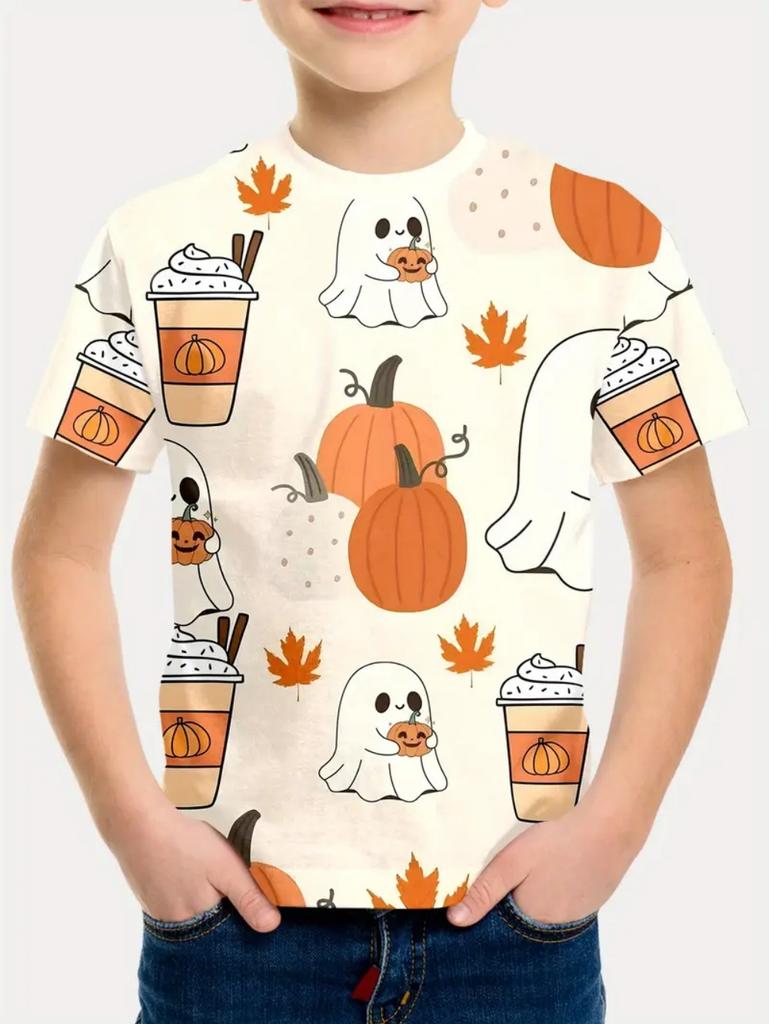 Halloween Printed T-Shirts Casual Round Neck Short-Sleeved Tops Summerand Children's Boys and Girls Fashion 3D Print Clothing