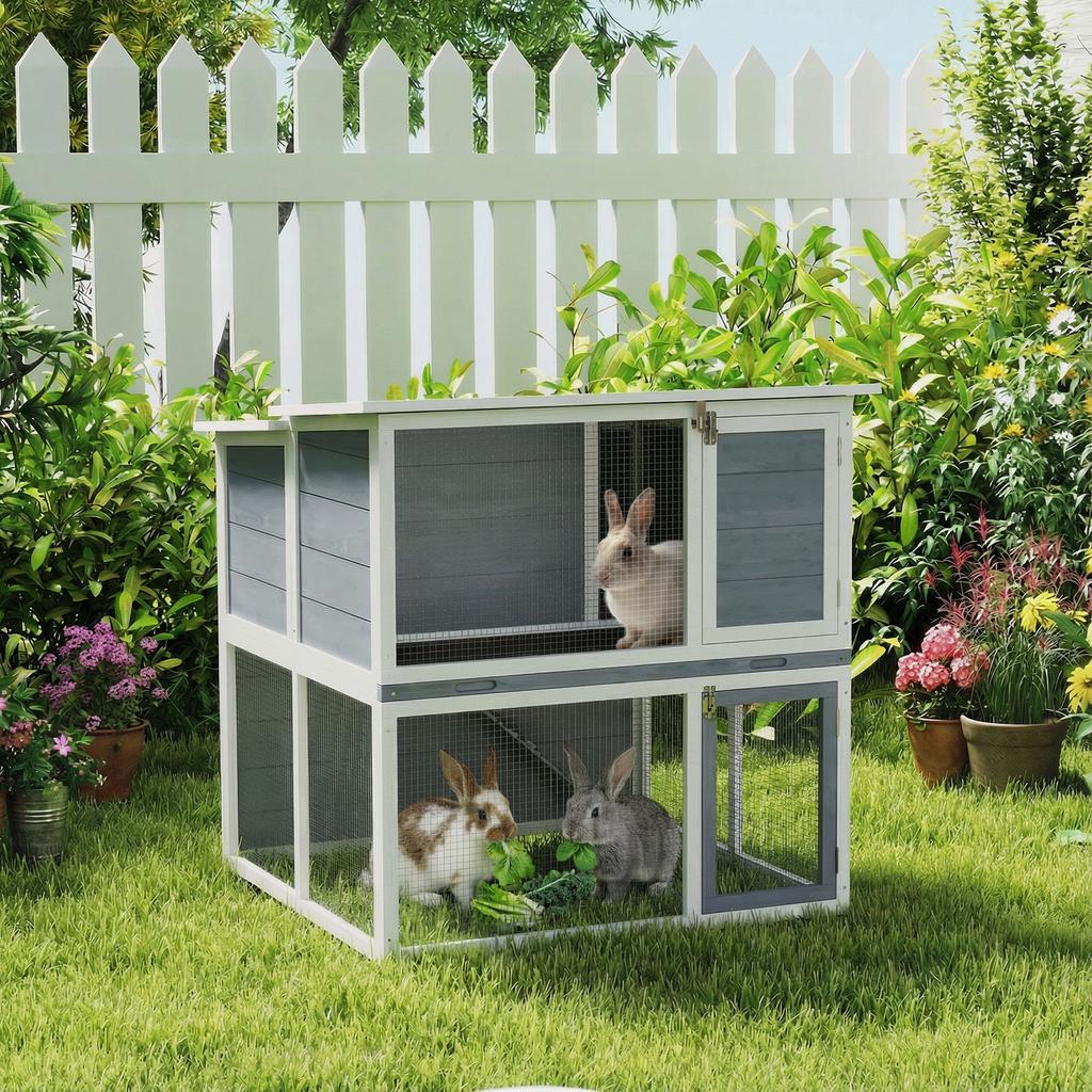 2-Story Wooden Rabbit Hutch with Weatherproof Roof, Ramp, Grey, 98x95x102.5 Cm