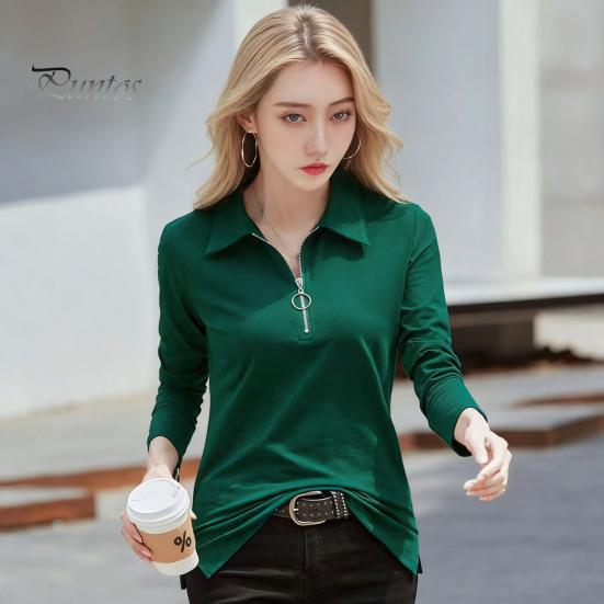 Women T-shirt Lapel Zipper Half Placket Long Sleeve Pullover Tops Solid Color Soft Stretchy Tee Slim Fit Casual Shirt Work Party Vacation Daily