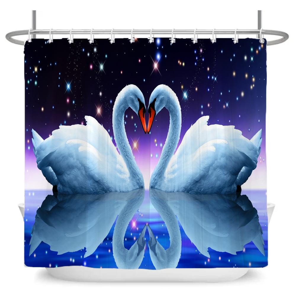 Beautiful Lovers Swan Print Shower Curtain Waterproof Fabric Bathroom Curtains Romantic Girl Home Decoration Curtain Wall Cloth