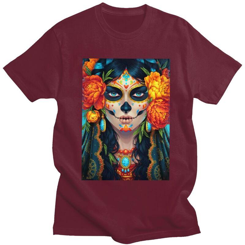 Individuelles Mexikanisches Catrina Zuckerschädel Dame T-Shirt für Herren Reines Baumwoll-T-Shirt Mode-Tee Kurzarm-T-Shirts Schlanke Passform