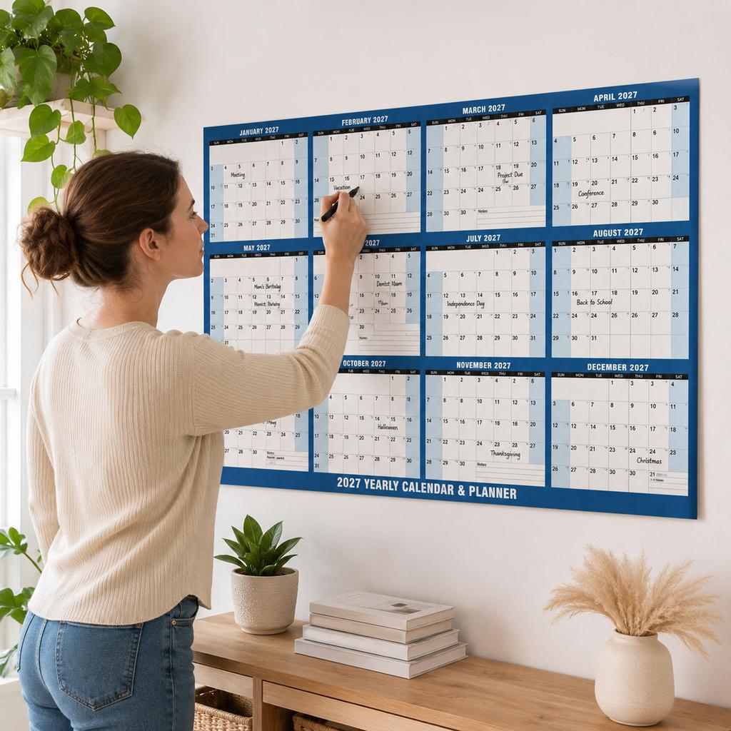 2027 Wall Calendar - Double-Sided Erasable English Planner with and Record Chart for Home