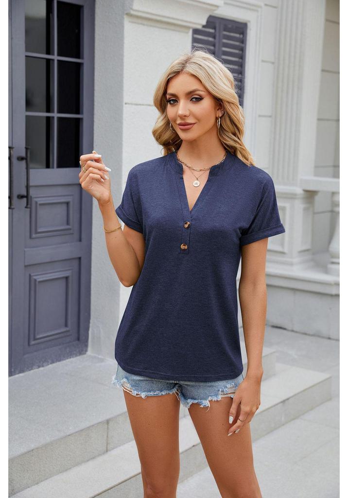 2025 Spring/Summer V-Neck Button Loose Short-Sleeve Solid Color T-shirt
