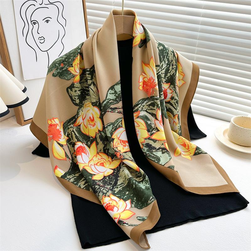 Fashion New Luxury Women Printed Scarf 90cm Lotus Large Square Scarves Twill Silk Headscarf HIjab Flower Foulard