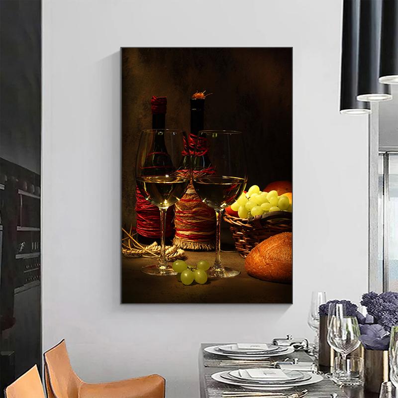 Wine Glass Bottle Posters and Prints Canvas Painting Wall Art Pictures for Dining Room Home Decor Grapes Wooden Barrel Cuadros