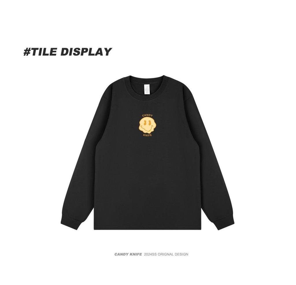 Trendy Retro Hong Kong Style Printed Couple Cuffed Sleeve Loose Long Sleeve T-shirt