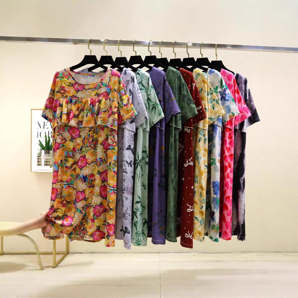 2025 Summer Floral Cotton and Silk Midi Dress - Short Sleeve, Loose Fit Nightgown