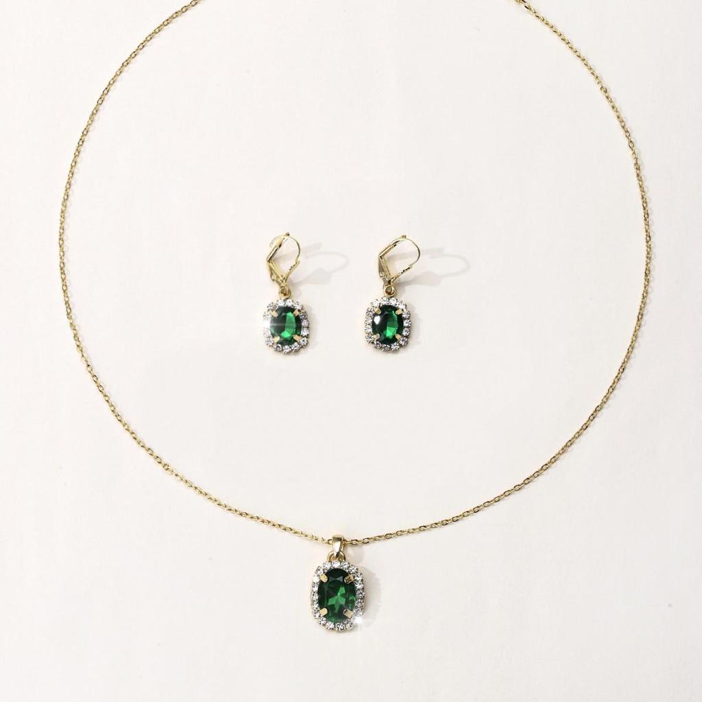 Emerald Egg-Shaped Gold-Plated Crystal Necklace & Clavicle Chain Earring Set for Women