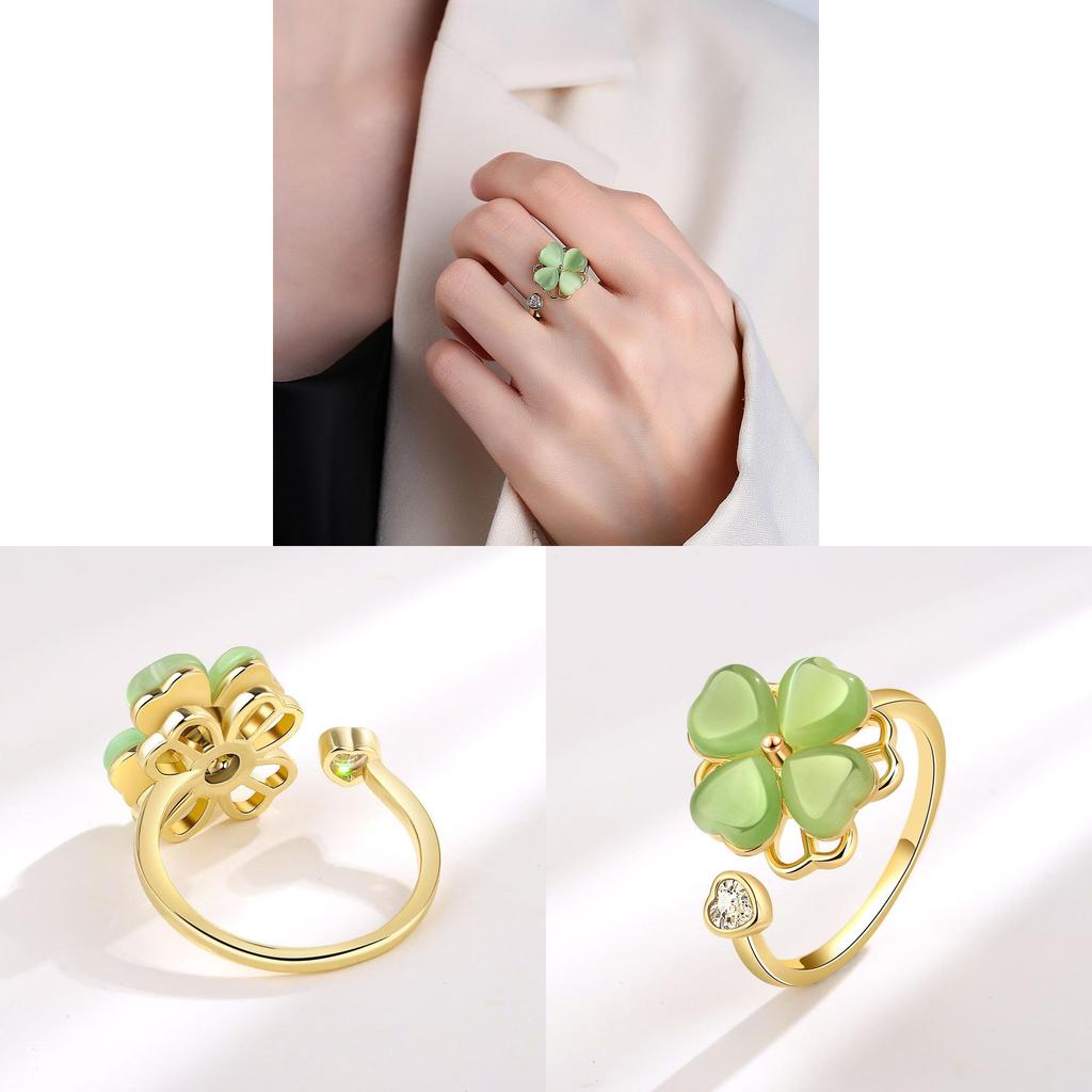 Green Cat Eye Clover Adjustable Ring With Geometric Design For Womens Fashion Accessories