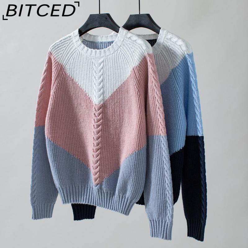 BITCED Colour-Blocked Cable-Knit Women's Sweater Autumn/Winter Vintage Oversized Pullover Knit Top