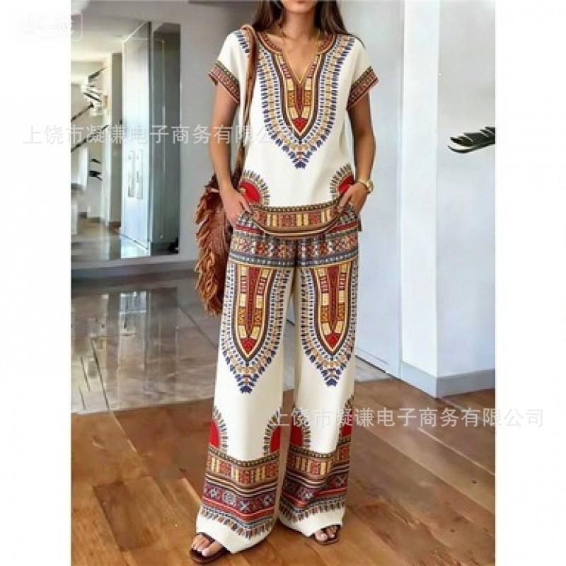 Y116 Summer Loose Top Wide-leg Pants Two-piece Women's Clothing European and American Fashion Suit