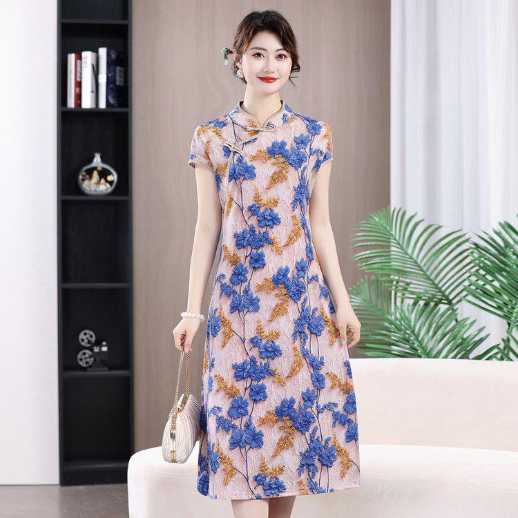 Women's Summer 2026 Short-Sleeve Elegant Plus Size Qipao Dress with Belly Concealing Mid-Length Skirt