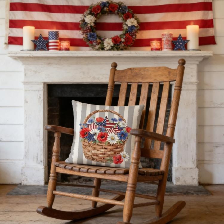 Star Striped Flower Wreath Throw Pillow Case 4th of July Patriotic Independence Memorial Day US Flag Cushion Cover