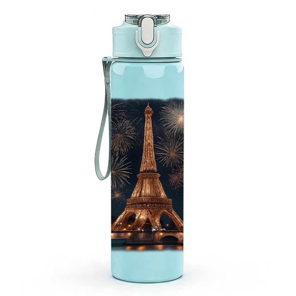 1PC Eiffel Tower Night Scene 750ml Color Plastic Sports Water Bottle Leakproof Flip Straw Lid For Sports Office Home Use