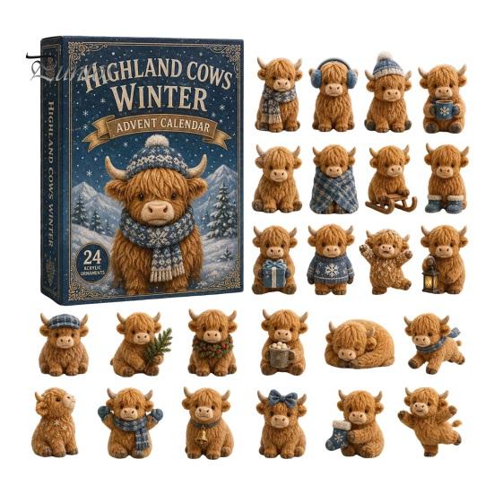24-Tage-Countdown-Box Hochlandrind Adventskalender 2026, Weihnachten mit Acryl 2D Rinderliebhaber Geschenk Mini-Figur, Bauernhoftier Baumhänge-Dekoration für