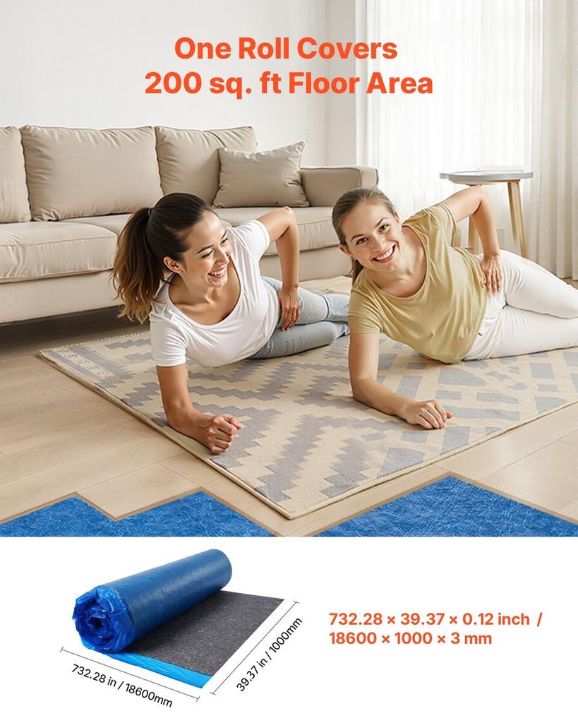 Floor Underlayment 37.2 m² 3mm Recycled Fiber Sound/Vapor Barrier Blue