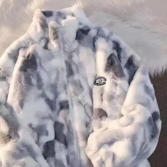 Women's 2025 Winter Japanese Tie-dye Gradient Lambswool Cotton Parka with Stand Collar