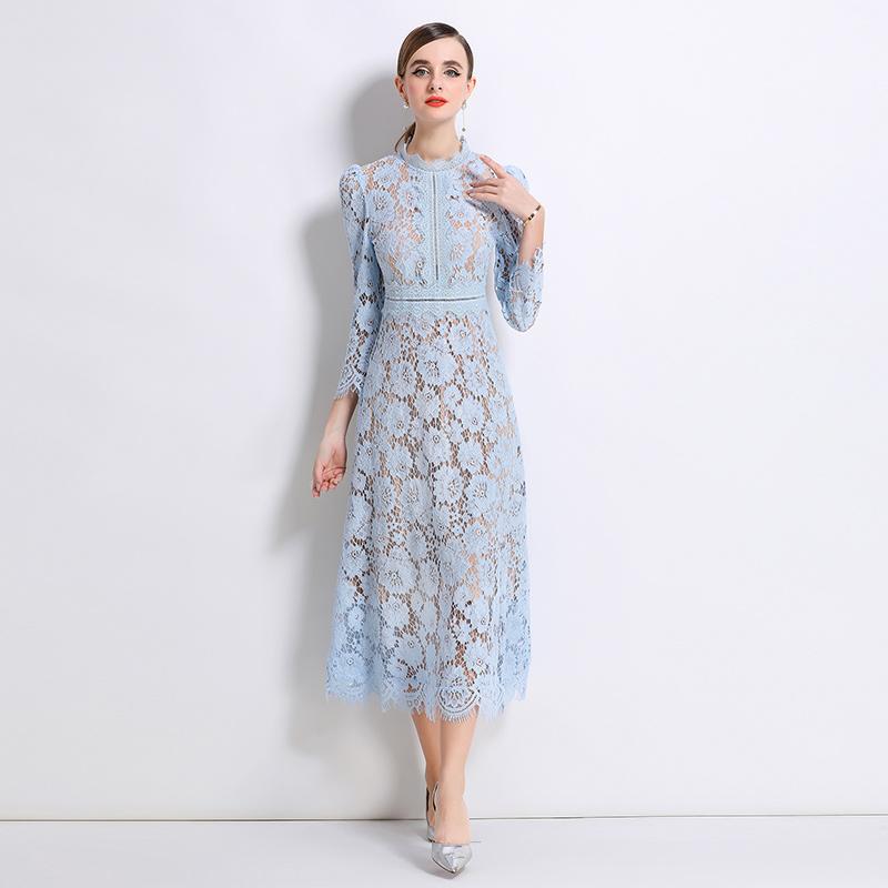 Vestidos Midi de Festa Femininos Vintage de Manga Comprida Vazados em Renda para Primavera Outono
