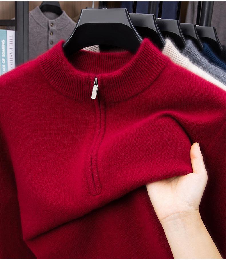 Men's Thickened 460g Cashmere Wool Sweater with Zipper, Half-High Collar, Warm Knitwear for Autumn/Winter.