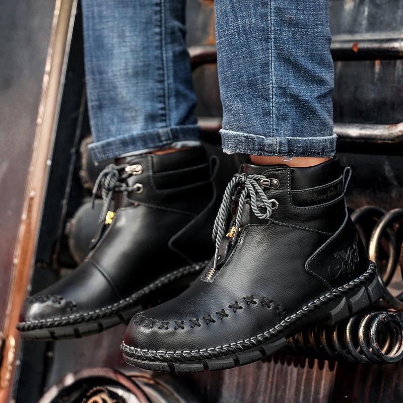 Mens Handmade Genuine Leather Boots  Retro Boots Men's Genuine Leather Large Men's Shoes High Top