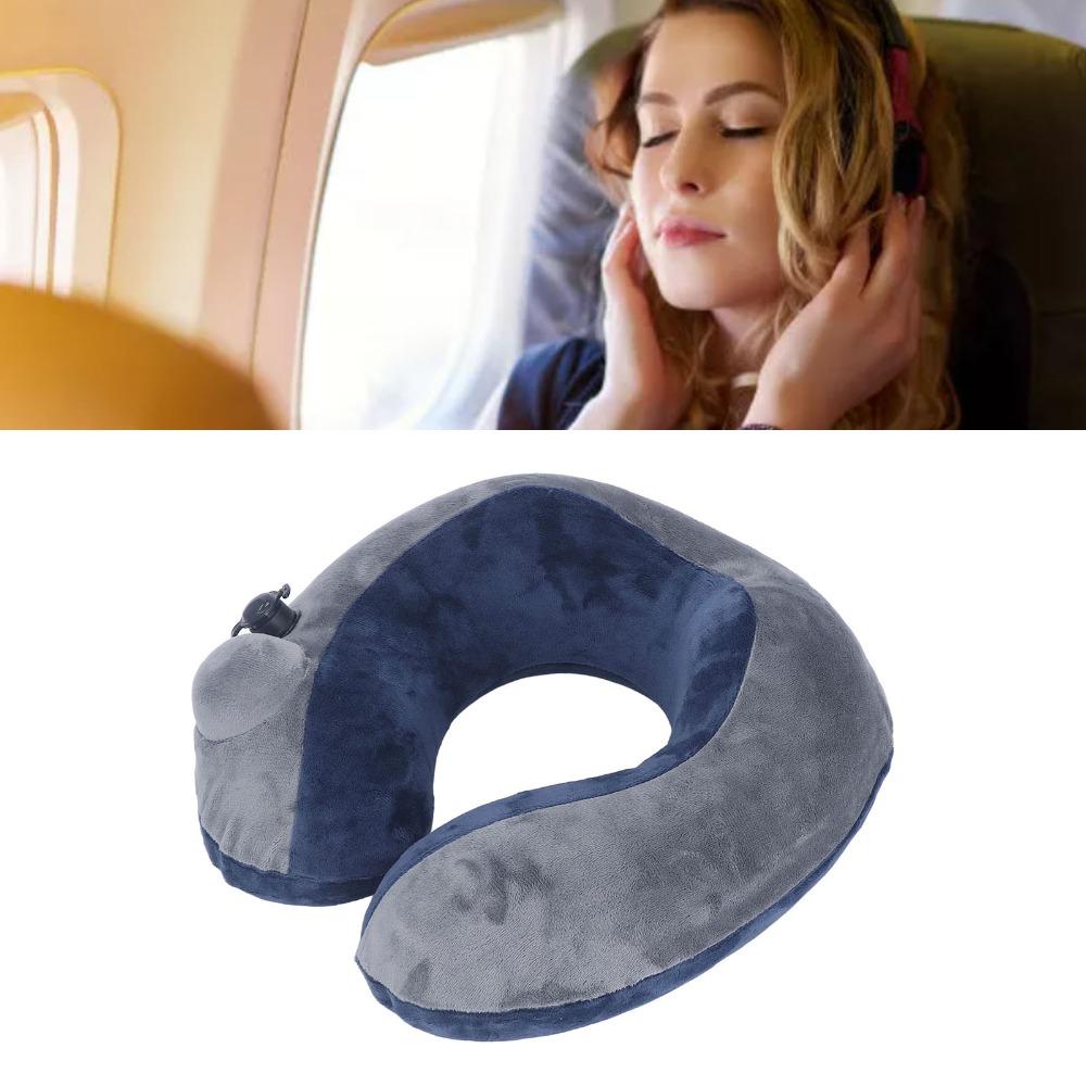 Curved Hump Self-Inflatable Travel Pillow With Storage Bag Dark Blue with Gray U Shaped Neck Pillow Portable