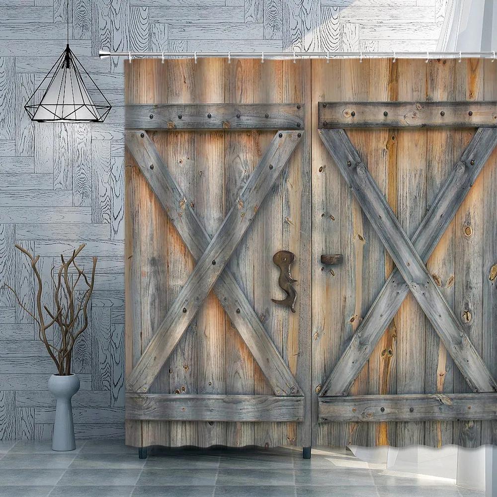 Old Wooden Door Shower Curtain Farm Barn Door Rural FarmHouse Decoration Polyester Fabric Bath Curtain Bathroom Accessories Set