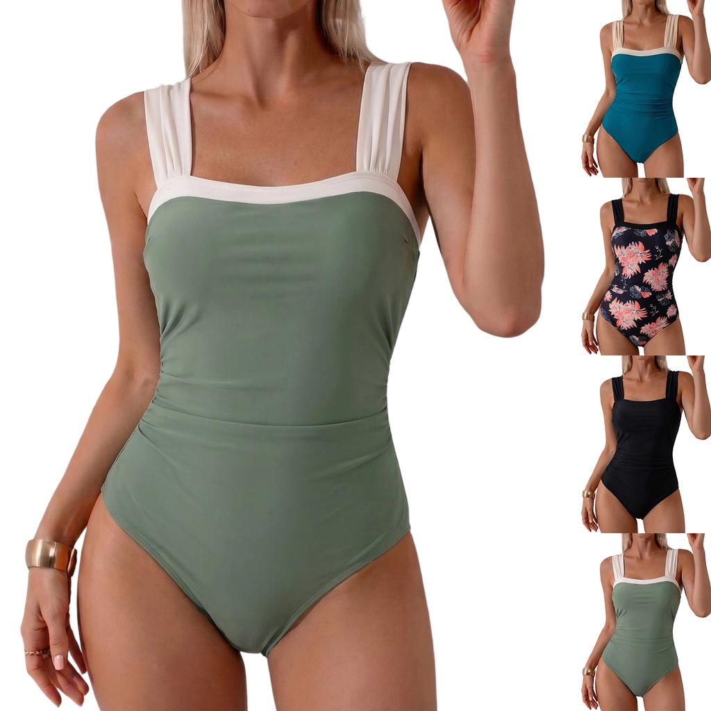 Womens Swimsuit Square Neck Wide Strap Swimwear Floral Print Bodysuit Tummy Control Bathing Suit