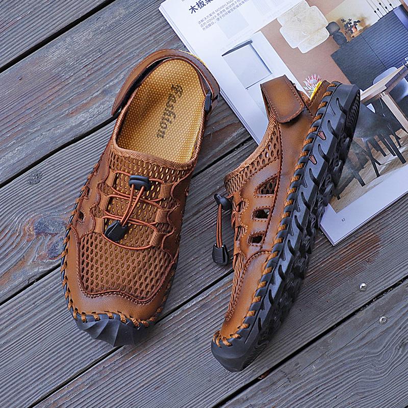 Mens Genuine Leather Sandals  Closed Toe Sandals Hand-stitched Summer Men Sandals Breathable Outdoor Men Beach Sandals